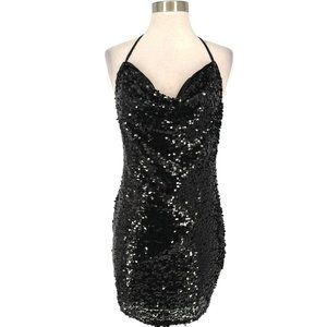 Alythea Champagne Poppin Sequin Cowl Neck Mini Dress Black Size Small NWT